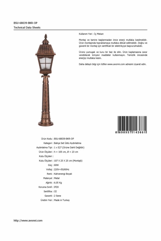 Bahçe Set Üstü Aydınlatma E27 12W 23cm Alüminyum Kahverengi Dorbien-BSU-68039-BKR-OP