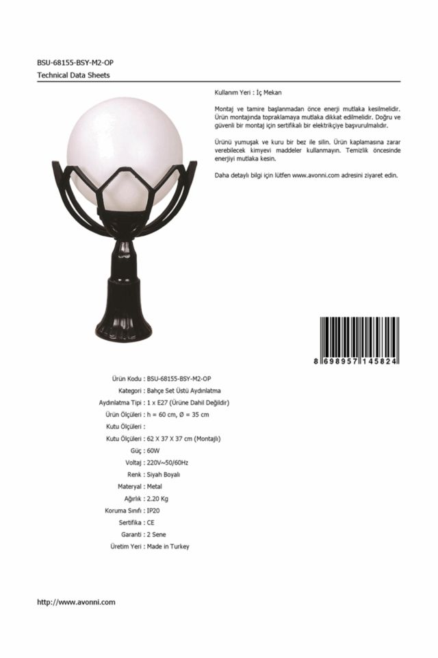 Bahçe Set Üstü Aydınlatma E27 12W 35cm ABS Siyah Dorbien-BSU-68155-BSY-M2-OP