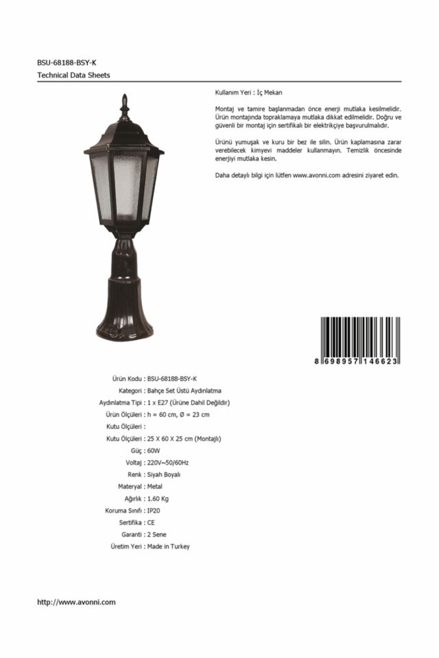 Bahçe Set Üstü Aydınlatma E27 12W 23cm ABS Siyah Dorbien-BSU-68188-BSY-K