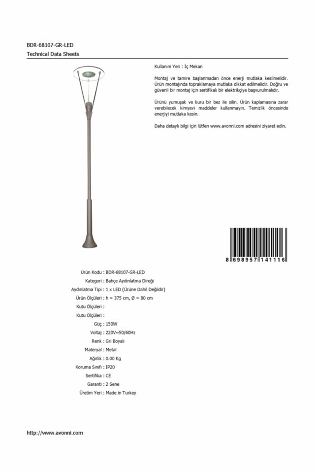 Bahçe Direkleri LED 150W 80cm Çelik Boru Gri Dorbien-BDR-68107-GR-LED