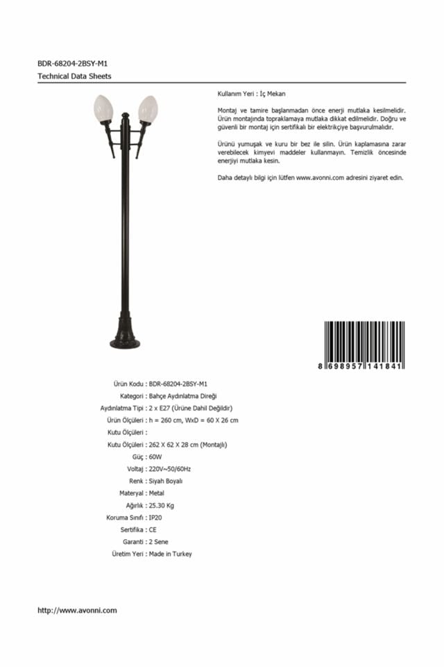 Bahçe Direkleri E27 24W 60x26cm Çelik Boru Siyah Dorbien-BDR-68204-2BSY-M1
