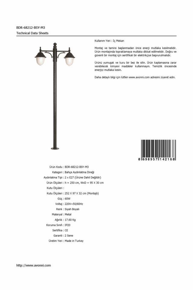 Bahçe Direkleri E27 24W 95x30cm Çelik Boru Siyah Dorbien-BDR-68212-BSY-M3