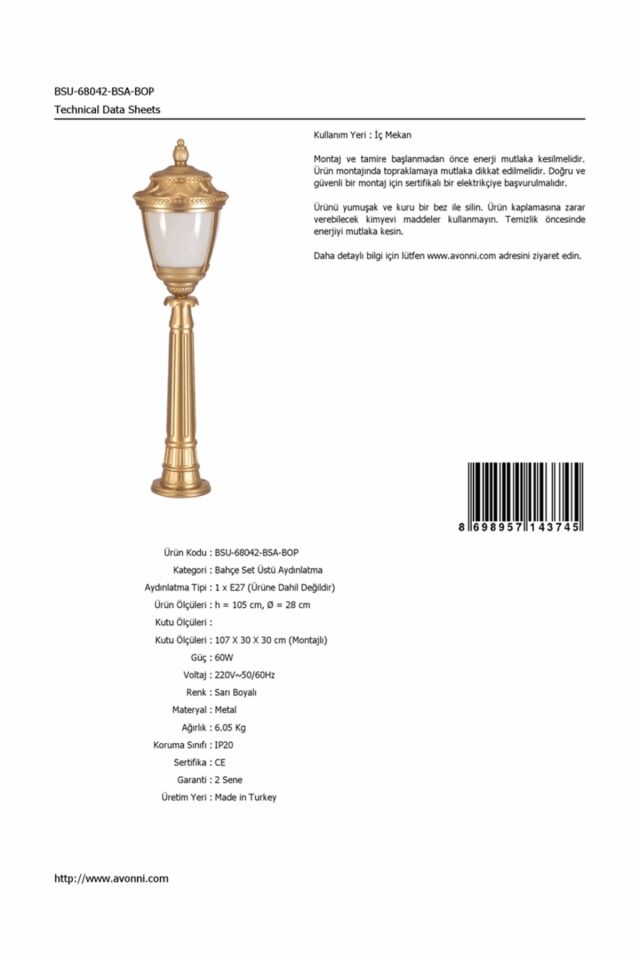 Bahçe Set Üstü Aydınlatma E27 12W 28cm Alüminyum Sarı Dorbien-BSU-68042-BSA-BOP