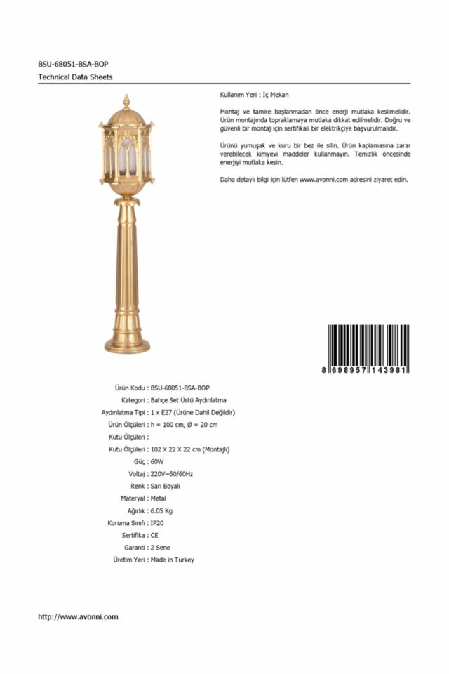 Bahçe Set Üstü Aydınlatma E27 12W 20cm Alüminyum Sarı Dorbien-BSU-68051-BSA-BOP