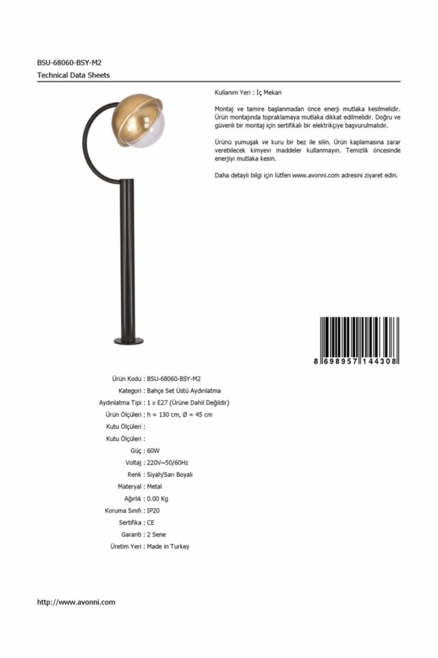 Bahçe Set Üstü Aydınlatma E27 12W 45cm Alüminyum Sarı/Siyah Dorbien-BSU-68060-BSY-M2