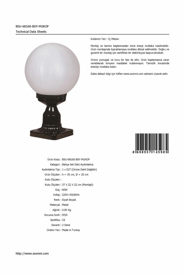 Bahçe Set Üstü Aydınlatma E27 12W 20cm ABS Siyah Dorbien-BSU-68160-BSY-M1KOP