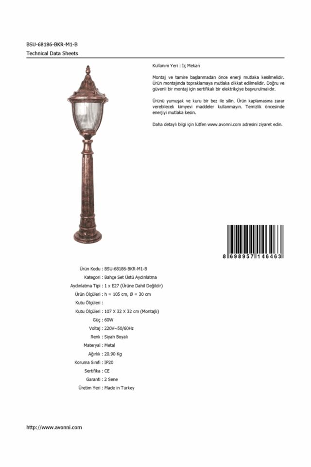 Bahçe Set Üstü Aydınlatma E27 12W 30cm ABS Siyah Dorbien-BSU-68186-BKR-M1-B