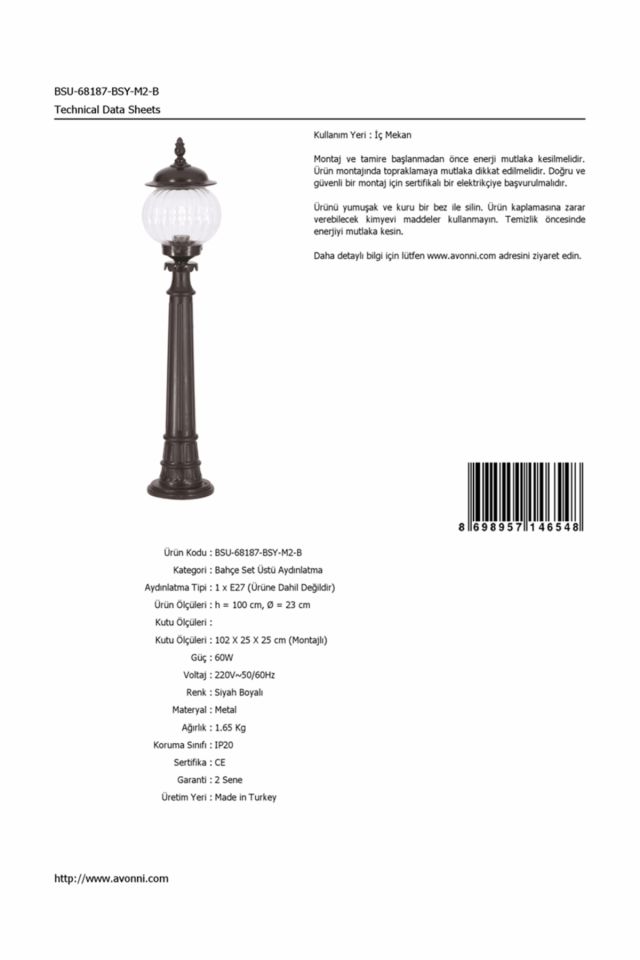 Bahçe Set Üstü Aydınlatma E27 12W 23cm ABS Siyah Dorbien-BSU-68187-BSY-M2-B