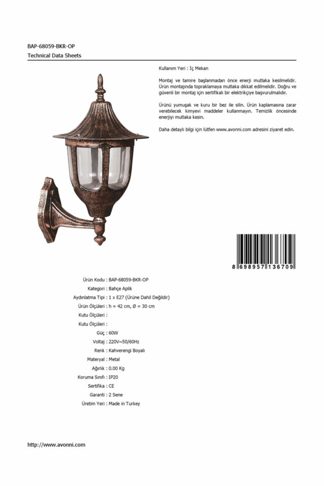 Bahçe Aplik E27 12W 30cm Alüminyum Kahverengi Dorbien-BAP-68059-BKR-OP