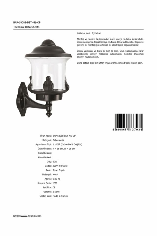 Bahçe Aplik E27 12W 28cm Alüminyum Siyah Dorbien-BAP-68088-BSY-M1-OP