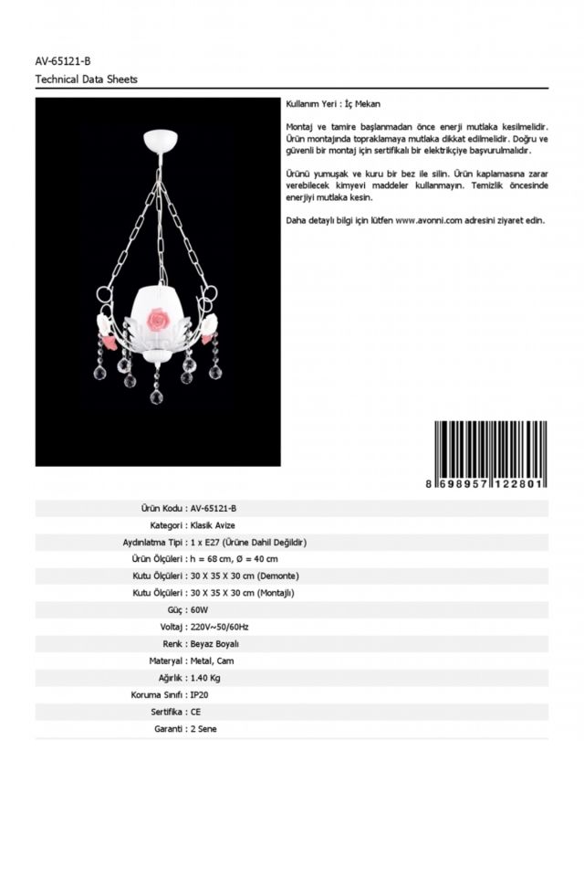 Gülben Klasik Avize E27 12W 40cm Metal Beyaz Dorbien-AV-65121-B