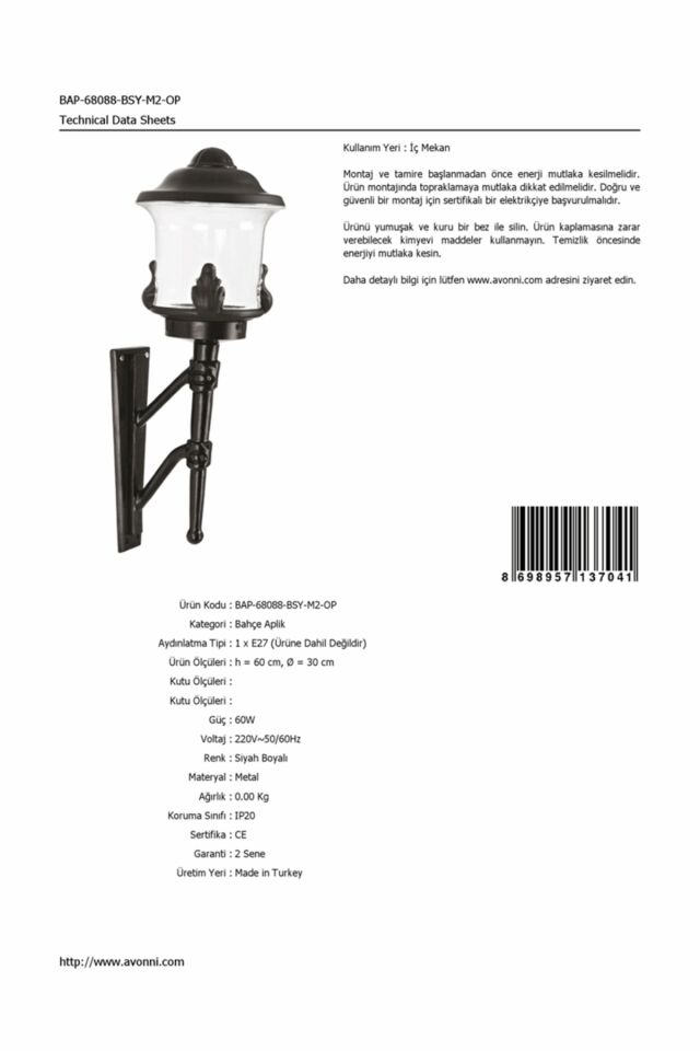 Bahçe Aplik E27 12W 30cm Alüminyum Siyah Dorbien-BAP-68088-BSY-M2-OP