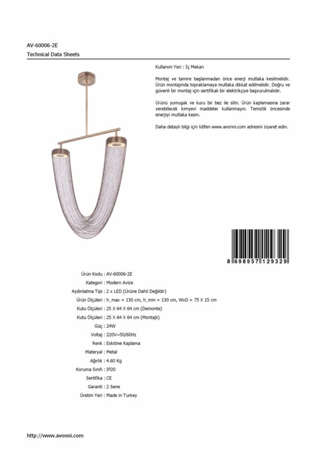 Spring Modern Avize LED 12W 75x15cm Metal Eskitme Avonni-AV-65130-2E
