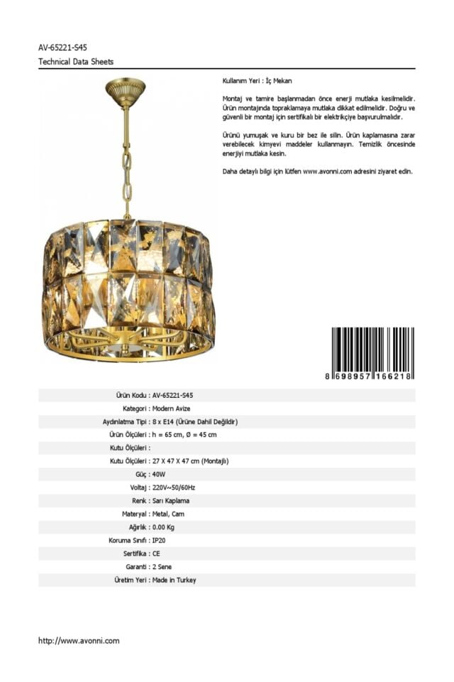 Bilezik Modern Avize E14 48W 45cm Metal Sarı Dorbien-AV-65221-S45