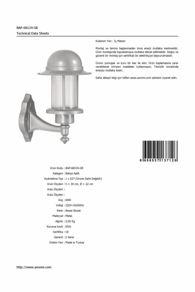 Bahçe Aplik E27 12W 22cm Alüminyum Beyaz Dorbien-BAP-68134-GR