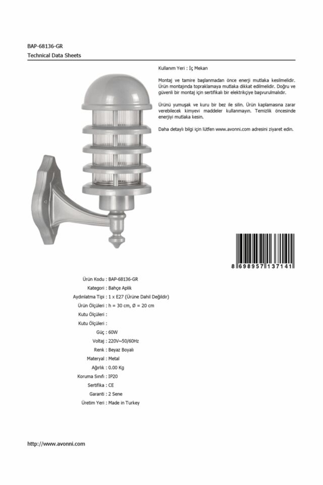 Bahçe Aplik E27 12W 20cm Alüminyum Beyaz Dorbien-BAP-68136-GR