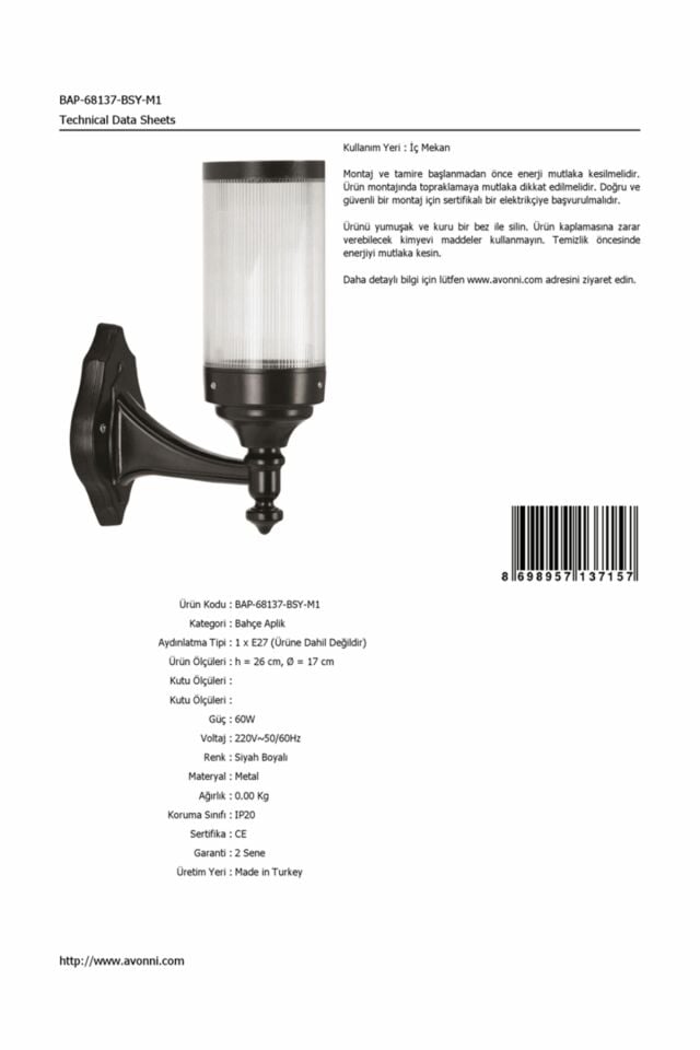 Bahçe Aplik E27 12W 17cm Alüminyum Siyah Dorbien-BAP-68137-BSY-M1
