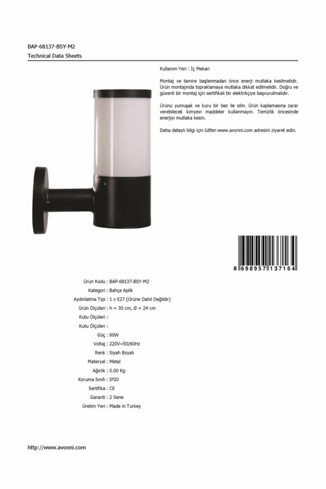 Bahçe Aplik E27 12W 24cm Alüminyum Siyah Dorbien-BAP-68137-BSY-M2