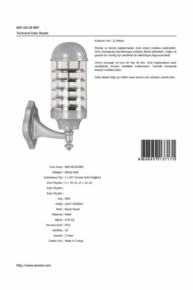 Bahçe Aplik E27 12W 22cm Alüminyum Beyaz Dorbien-BAP-68138-BBY