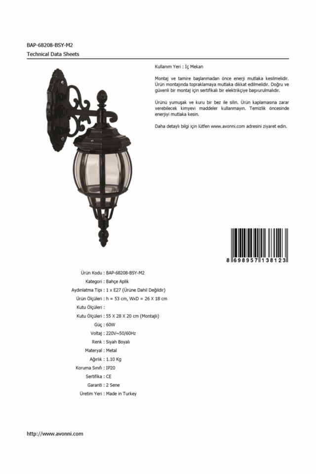 Bahçe Aplik E27 12W 26x18cm Alüminyum Siyah Dorbien-BAP-68208-BSY-M2