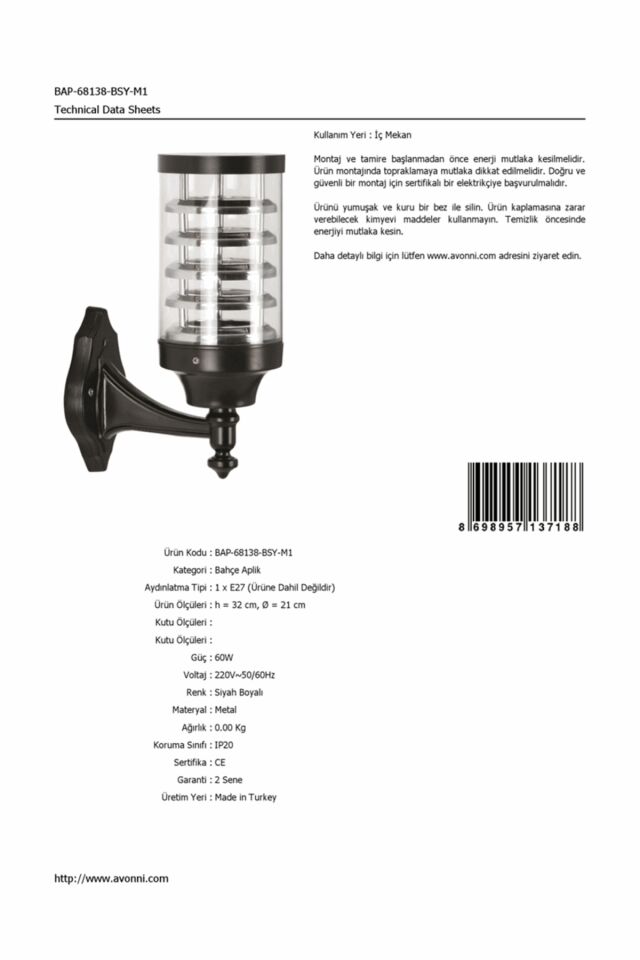Bahçe Aplik E27 12W 21cm Alüminyum Siyah Dorbien-BAP-68138-BSY-M1