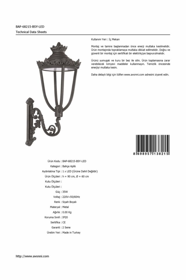 Bahçe Aplik LED 35W 60cm ABS Siyah Dorbien-BAP-68215-BSY-LED