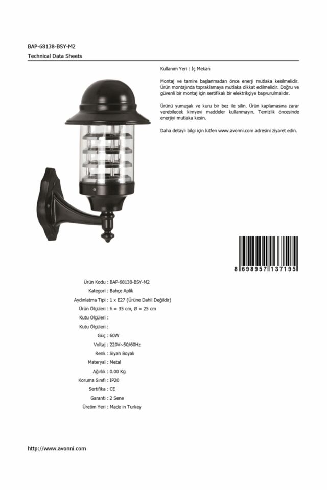 Bahçe Aplik E27 12W 25cm Alüminyum Siyah Dorbien-BAP-68138-BSY-M2