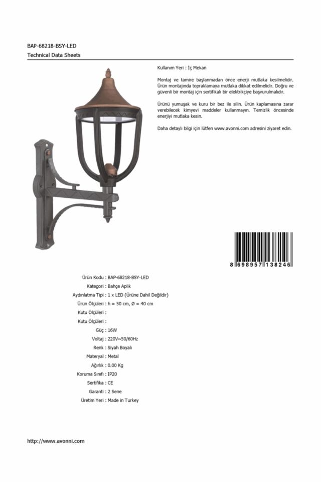 Bahçe Aplik LED 16W 40cm Çelik Boru Siyah Dorbien-BAP-68218-BSY-LED