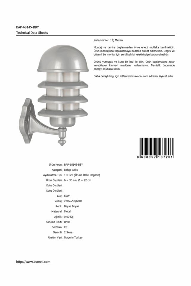 Bahçe Aplik E27 12W 22cm Alüminyum Beyaz Dorbien-BAP-68145-BBY