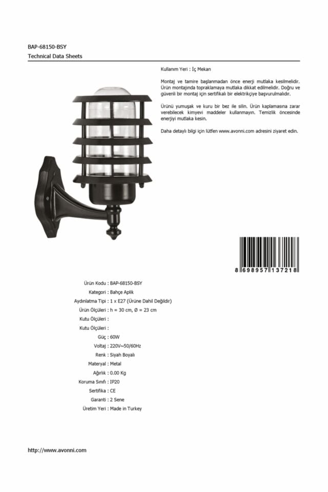Bahçe Aplik E27 12W 23cm Alüminyum Siyah Dorbien-BAP-68150-BSY