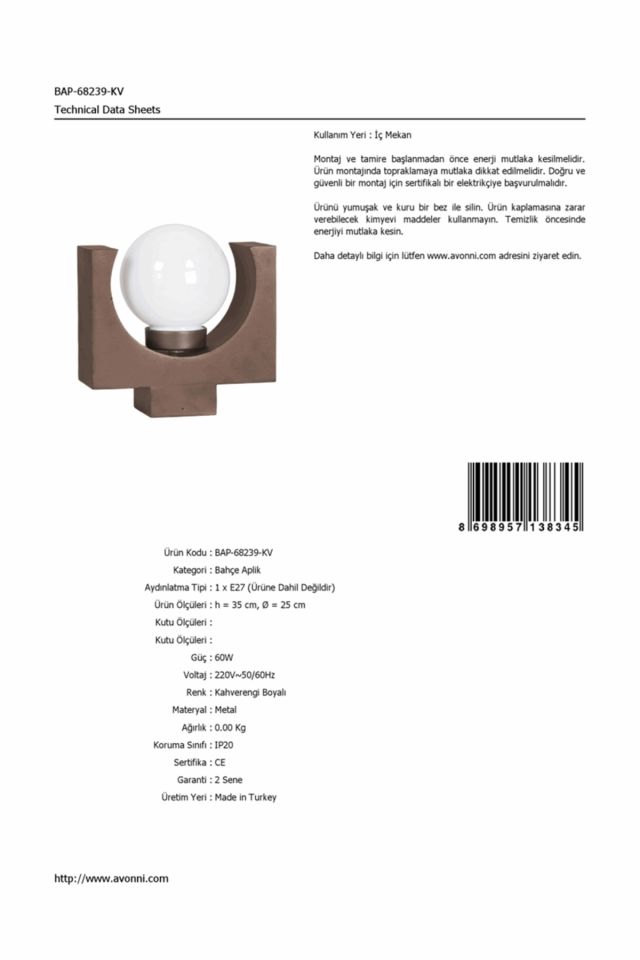 Bahçe Aplik E27 12W 25cm Alüminyum Profil Kahverengi Dorbien-BAP-68239-KV