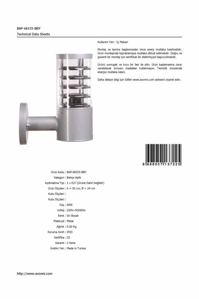Bahçe Aplik E27 12W 24cm Alüminyum Gri Dorbien-BAP-68155-BBY