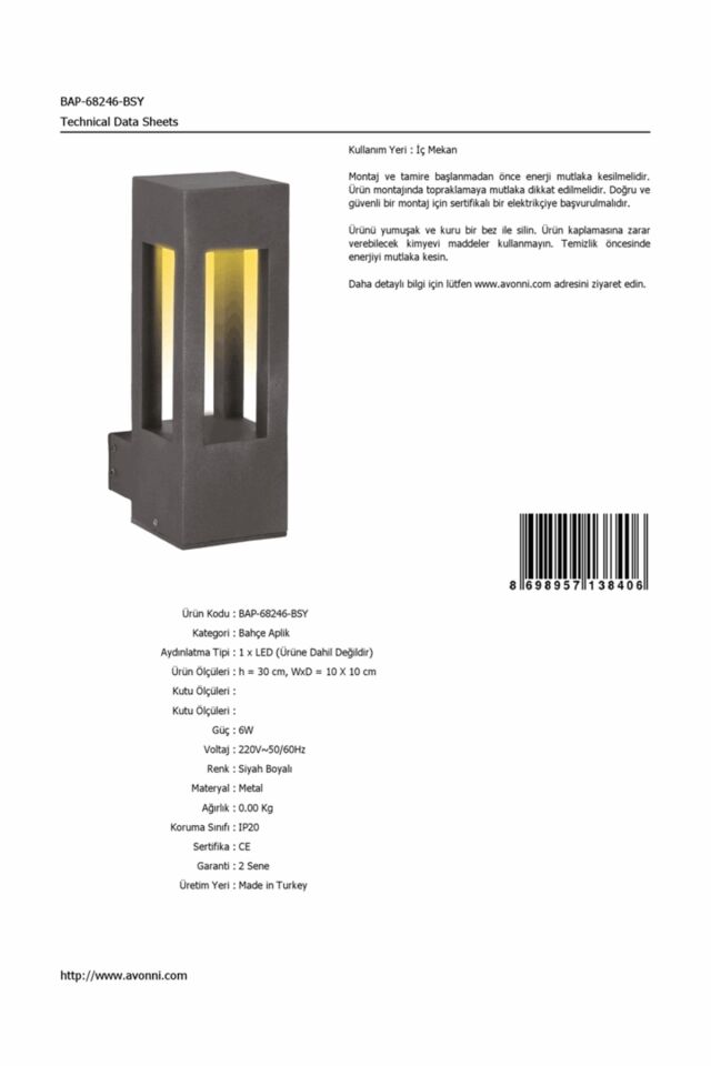 Bahçe Aplik LED 6W 10x10cm Alüminyum Profil Siyah Dorbien-BAP-68246-BSY