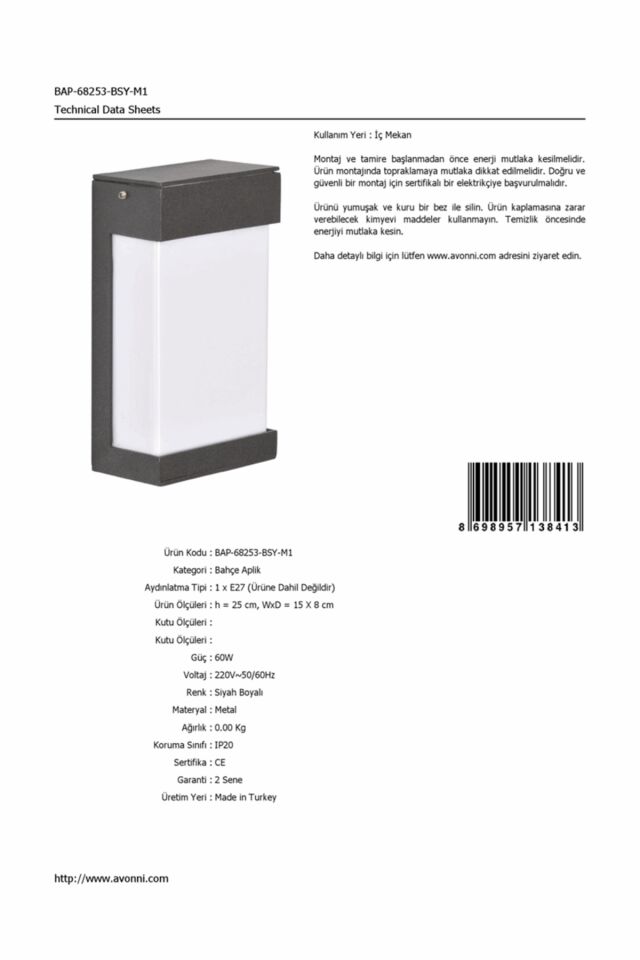 Bahçe Aplik E27 12W 15x8cm Alüminyum Profil Siyah Dorbien-BAP-68253-BSY-M1