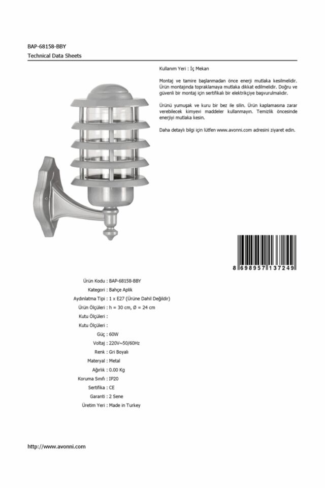 Bahçe Aplik E27 12W 24cm Alüminyum Gri Dorbien-BAP-68158-BBY