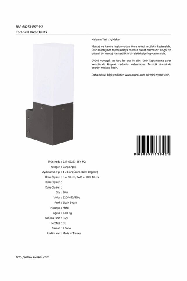 Bahçe Aplik E27 12W 10x10cm Alüminyum Profil Siyah Dorbien-BAP-68253-BSY-M2