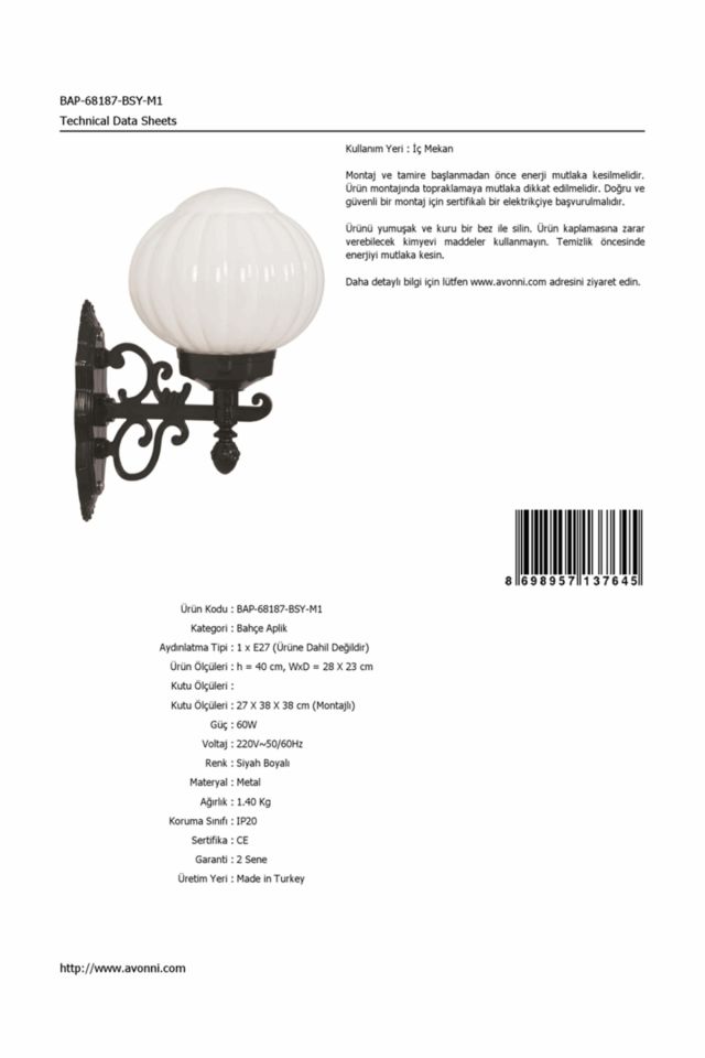 Bahçe Aplik E27 12W 28x23cm ABS Siyah Dorbien-BAP-68187-BSY-M1
