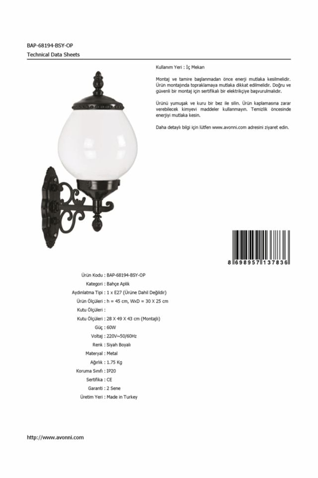 Bahçe Aplik E27 12W 30x25cm ABS Siyah Dorbien-BAP-68194-BSY-OP