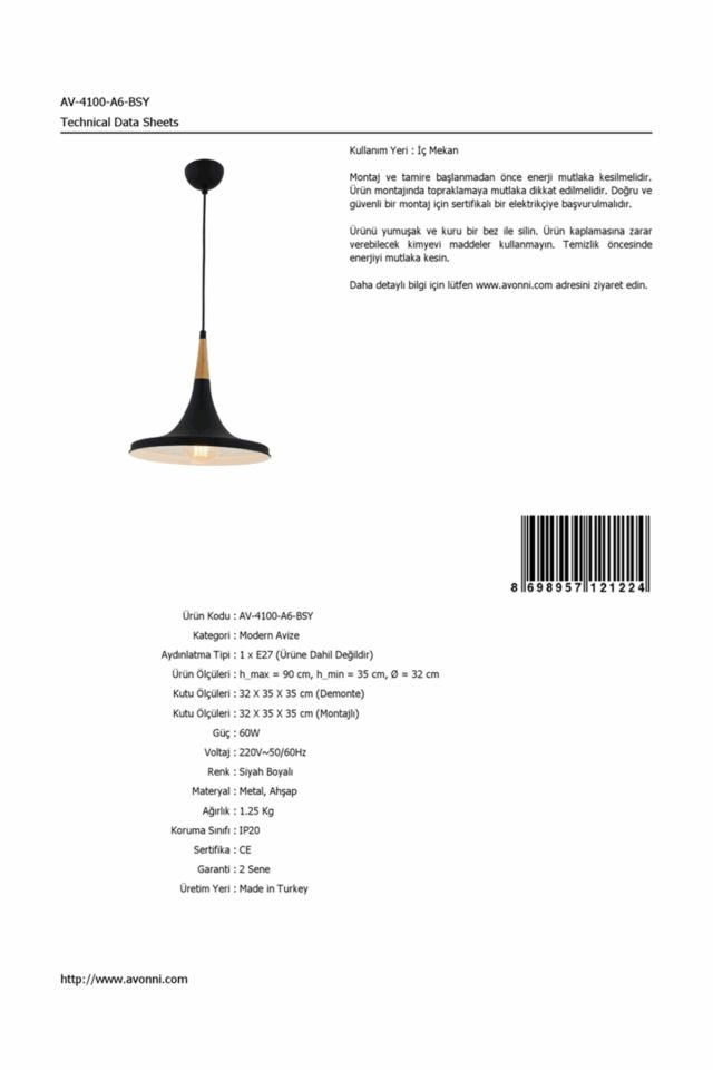 Mimoza Sarkıt E27 12W 32cm Metal Siyah Avonni-AV-4100-A6-BSY