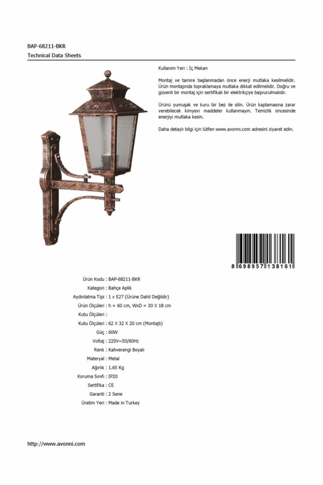 Bahçe Aplik E27 12W 30x18cm ABS Kahverengi Dorbien-BAP-68211-BKR