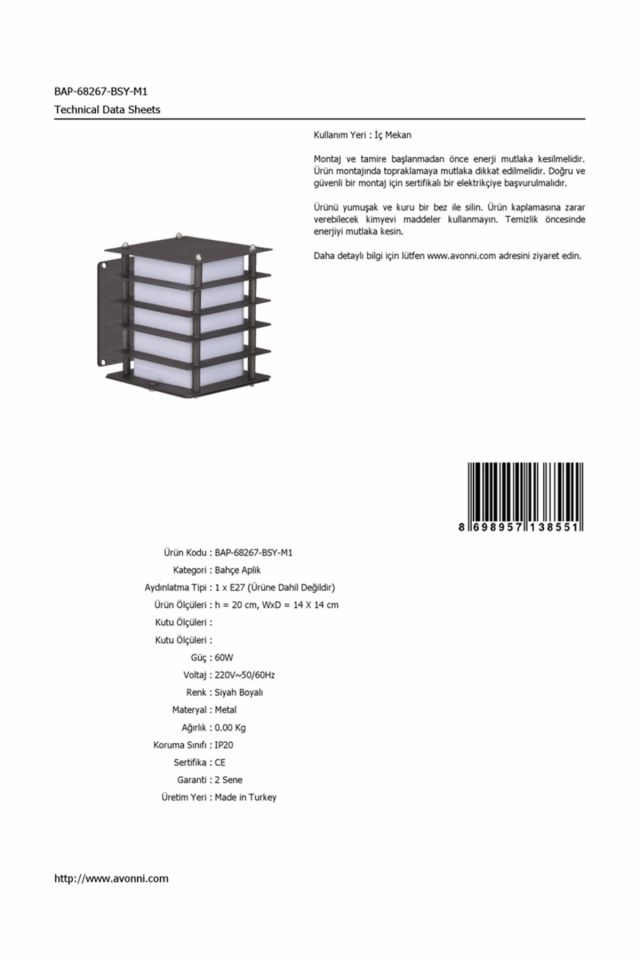Bahçe Aplik E27 12W 14x14cm Metal Siyah Dorbien-BAP-68267-BSY-M1