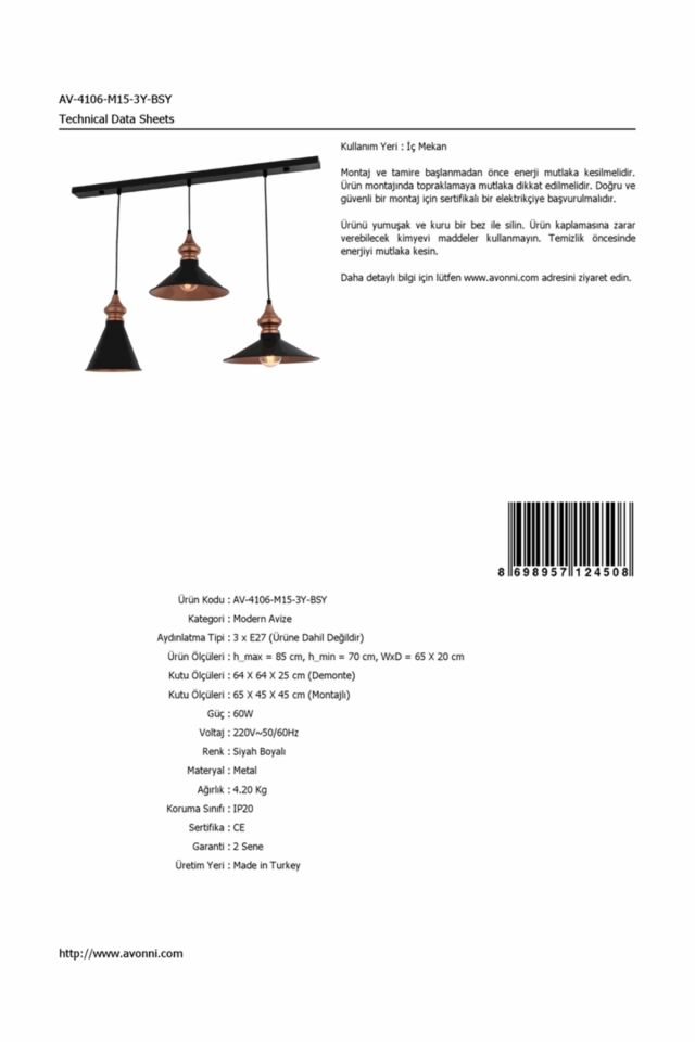 Akasya Modern Avize E27 36W 65x20cm Metal Siyah Avonni-AV-4106-M15-3Y-BSY