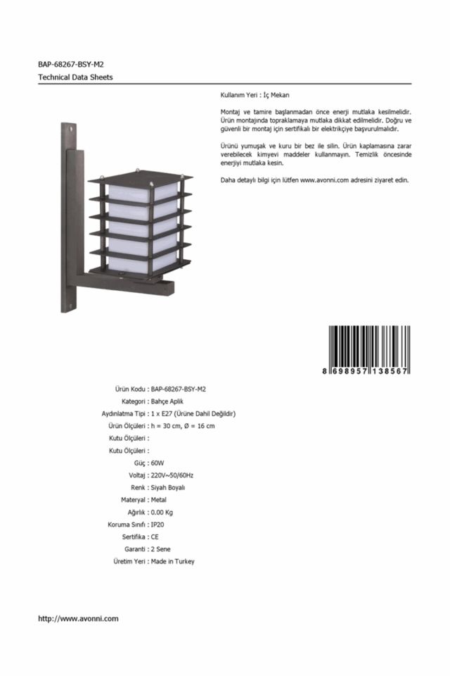 Bahçe Aplik E27 12W 16cm Metal Siyah Dorbien-BAP-68267-BSY-M2