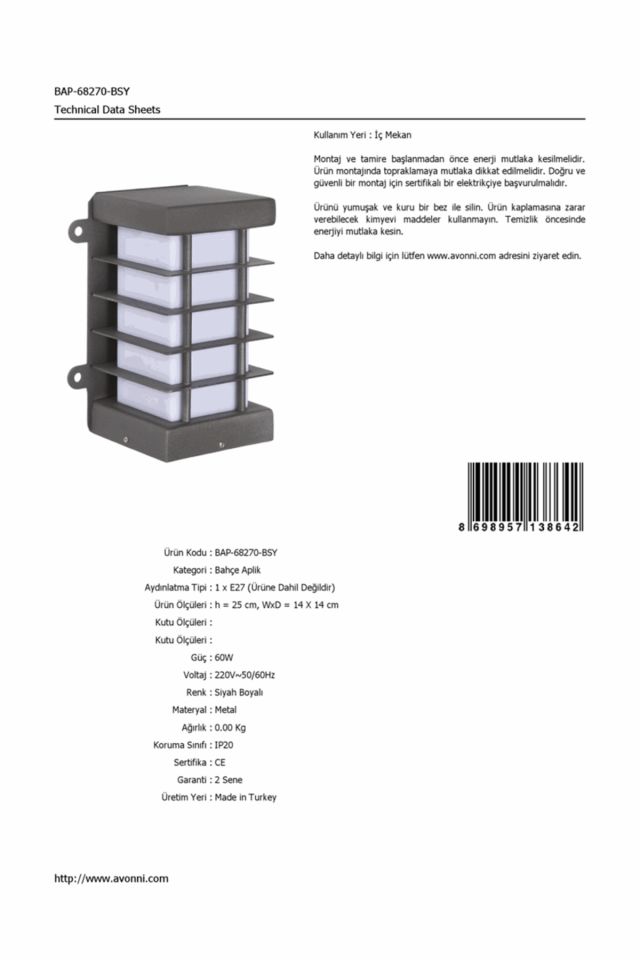 Bahçe Aplik E27 12W 14x14cm Metal Siyah Dorbien-BAP-68270-BSY
