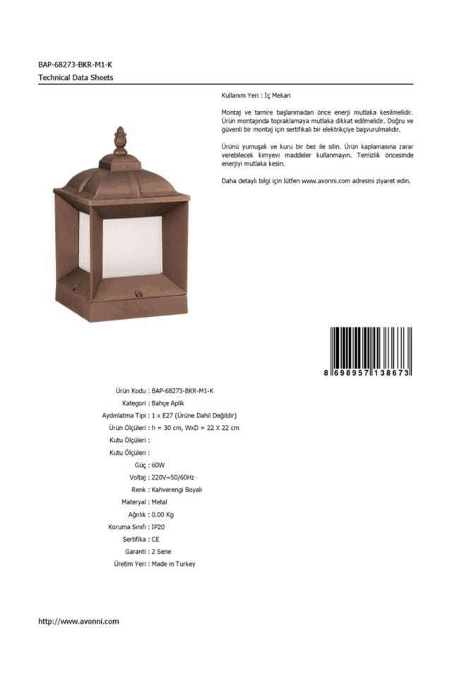 Bahçe Aplik E27 12W 22x22cm Alüminyum Profil Kahverengi Dorbien-BAP-68273-BKR-M1-K