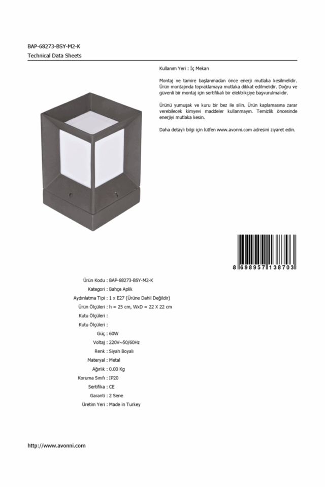 Bahçe Aplik E27 12W 22x22cm Alüminyum Siyah Dorbien-BAP-68273-BSY-M2-K