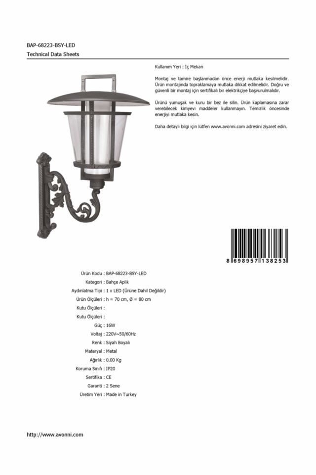 Bahçe Aplik LED 16W 80cm Çelik Boru Siyah Dorbien-BAP-68223-BSY-LED