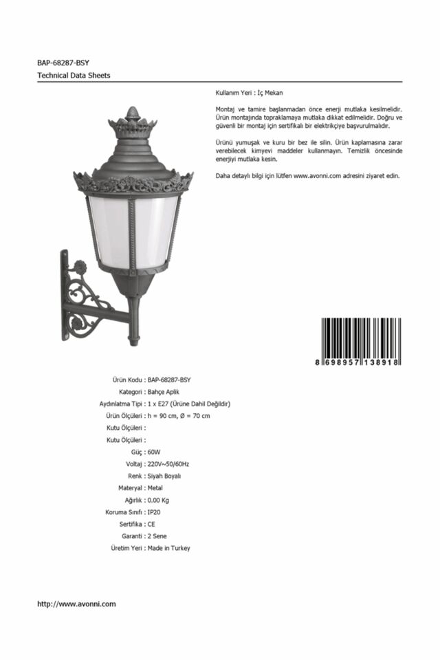 Bahçe Aplik E27 12W 70cm Çelik Boru Siyah Dorbien-BAP-68287-BSY