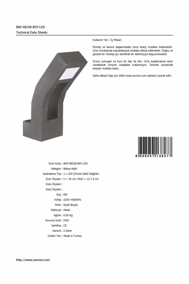 Bahçe Aplik LED 6W 12x6cm Alüminyum Profil Siyah Dorbien-BAP-68228-BSY-LED