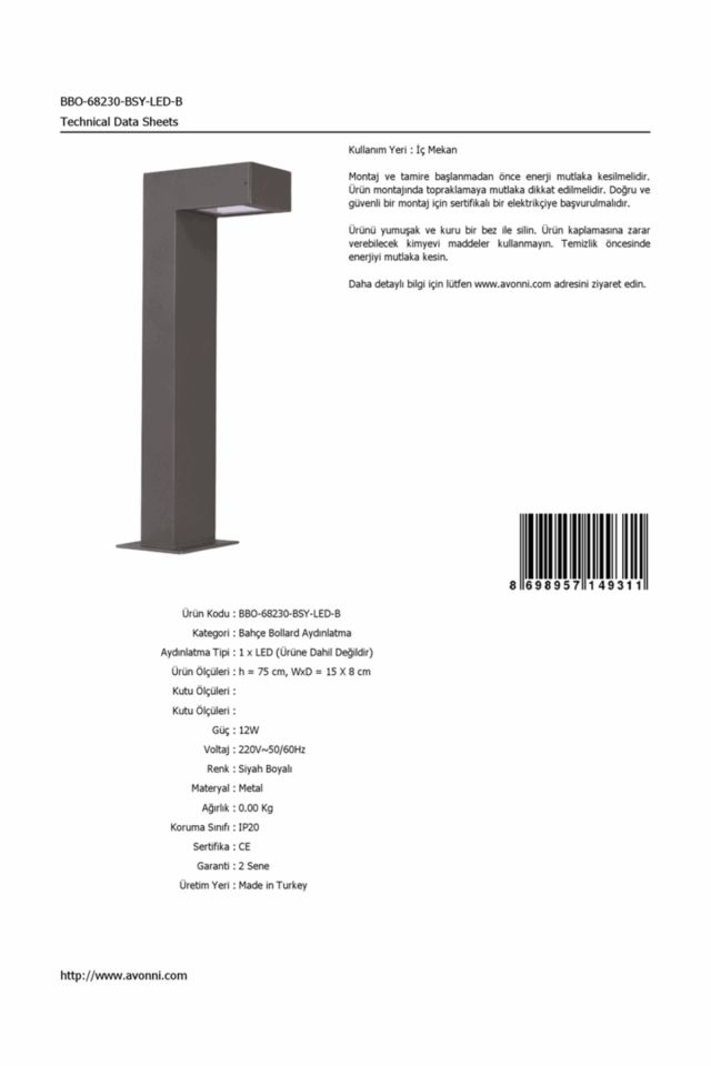 Bahçe Bollard LED 12W 15x8cm Alüminyum Profil Siyah Dorbien-BBO-68230-BSY-LED-B